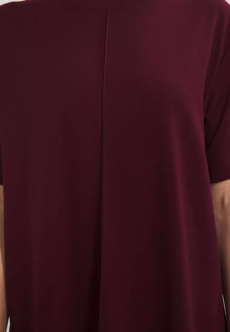 Claret Red Soft Ribbed Shift/Straight Cut Mini Knit Dress TWOSS25EL00778