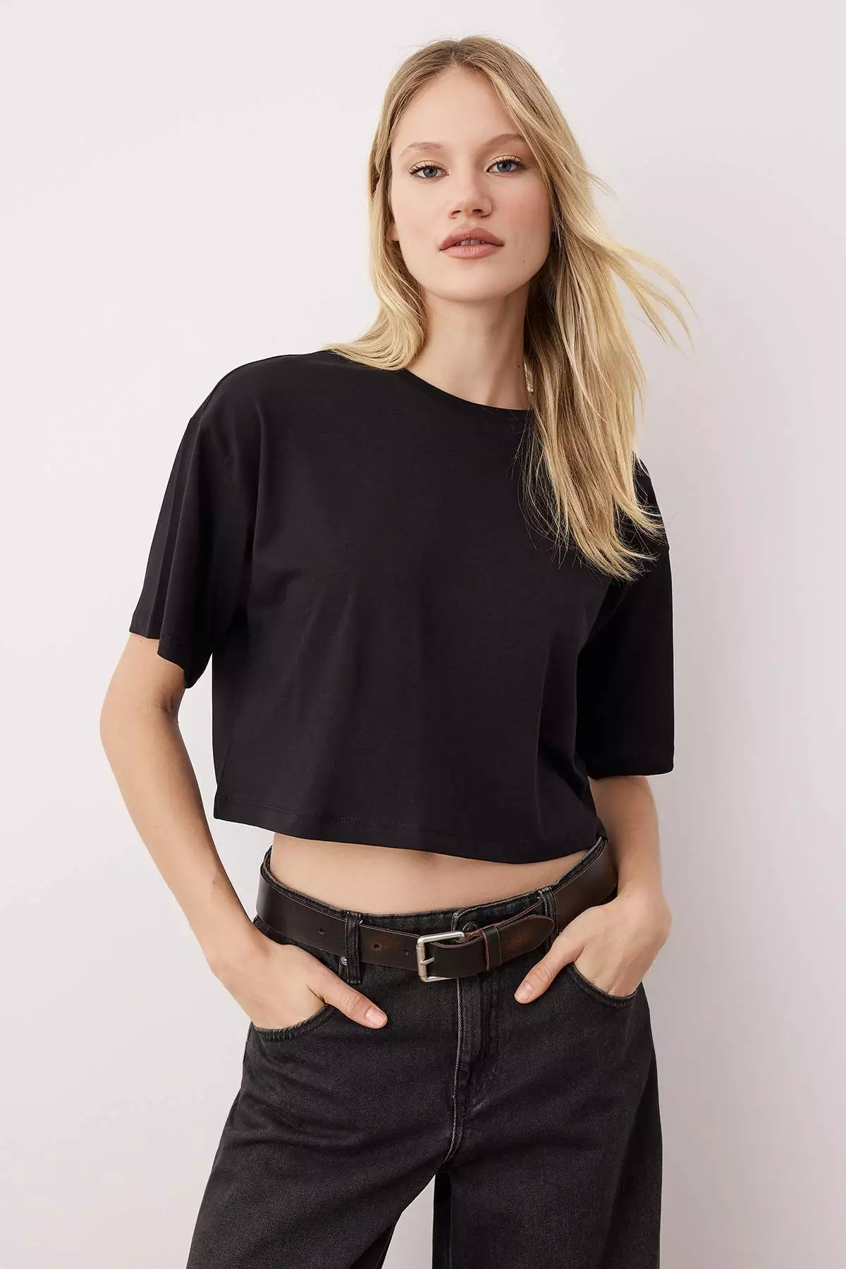 Black-Black 2-Pack 100% Cotton Relax/Comfortable Cut Crop Knit T-Shirt