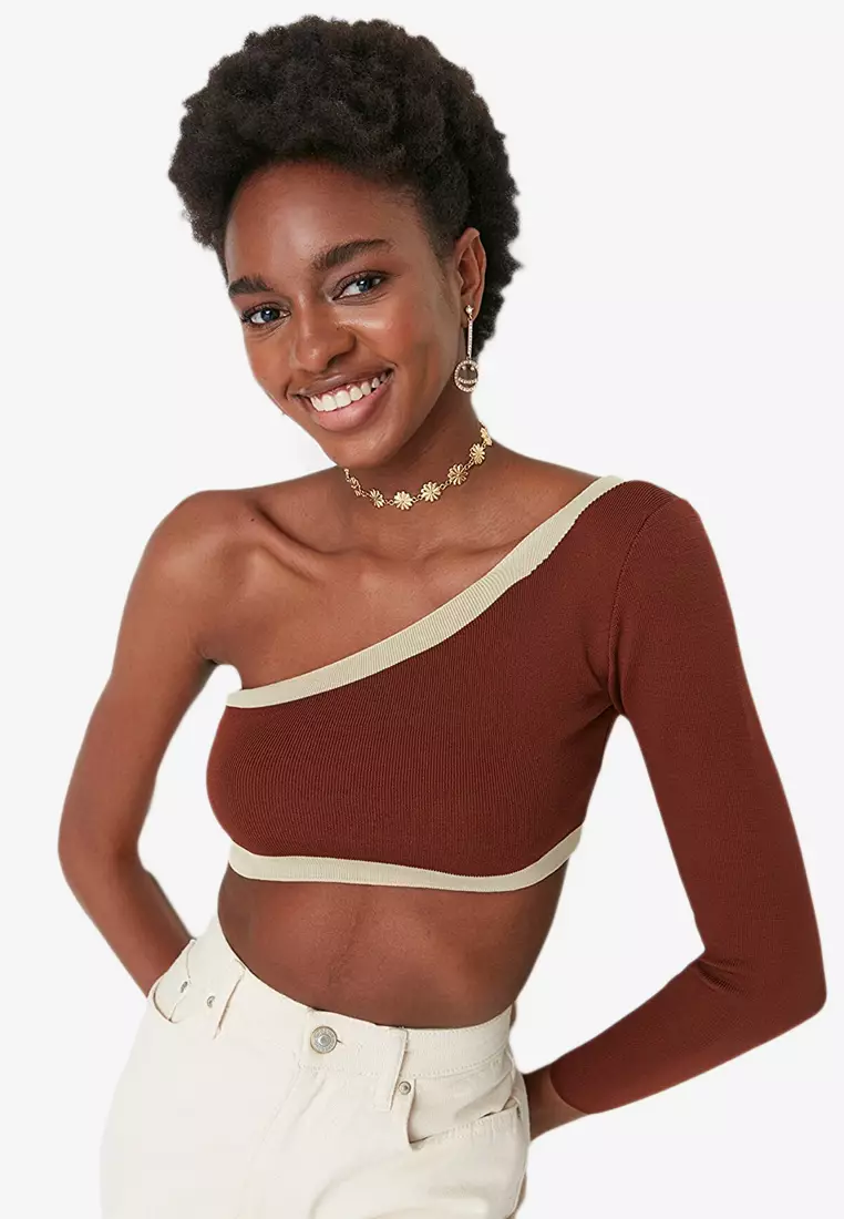 Knitted one shoulder crop top shop