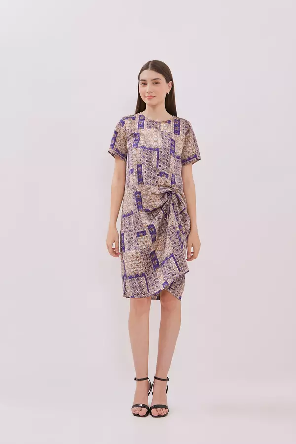 MINIMAL - Malika - Dress Serut Motif Tenun Bunga - Navy Warna Navy