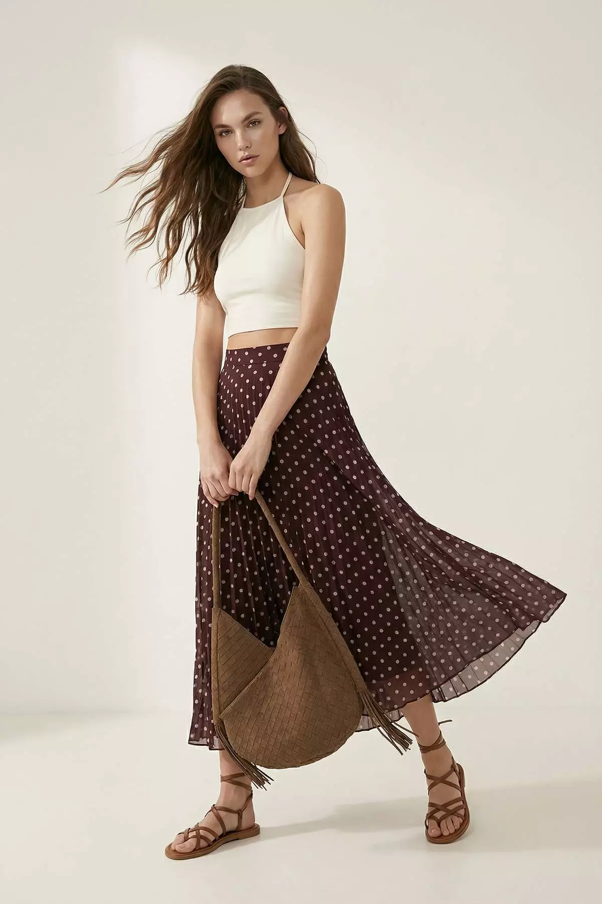 Brown Polka Dot Lined Chiffon Pleated Midi Skirt Twoaw26Et00142