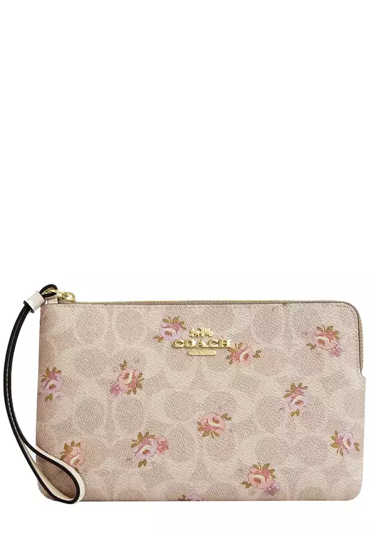 Large Corner Zip Wristlet In Signature Canvas - Sand Multi CBA72