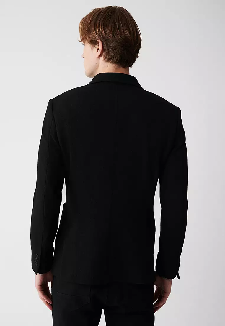 Men's Black Swallow Collar Unlined Double Breasted Closure Jacket A32Y4052