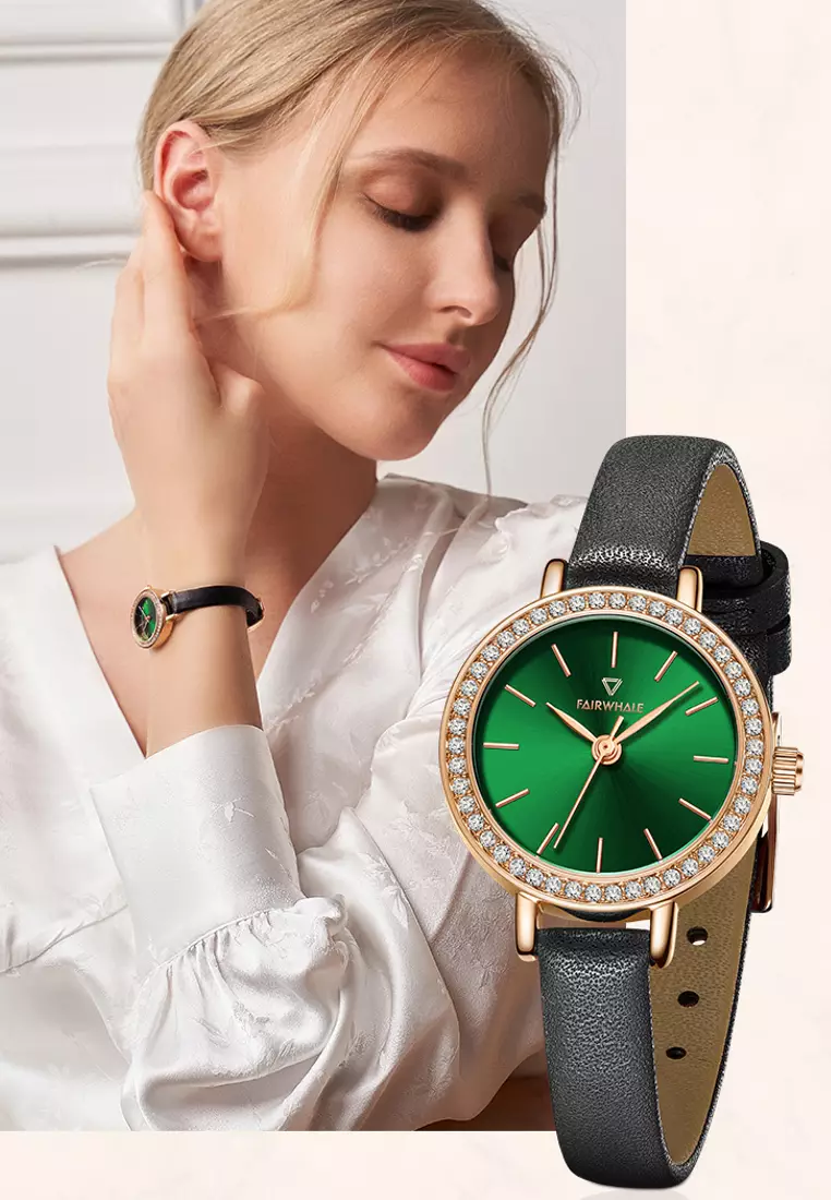 Ladies IP Rose Gold and Stainless Steel Quartz Watch, 30mm Diameter, Black Leather Strap, Malachite Dial