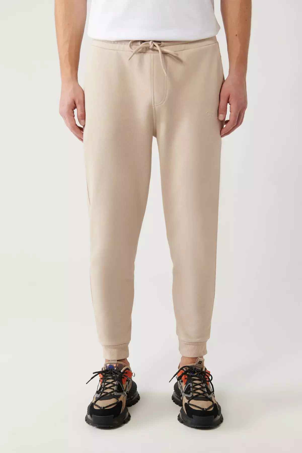 Men's Beige Waist Tied 3 Thread Raised Printed Sweatpants A32Y3411