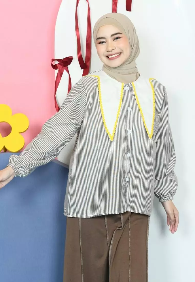 Bunny Kemeja Stripe Atasan - Coffee M18957 R49S1