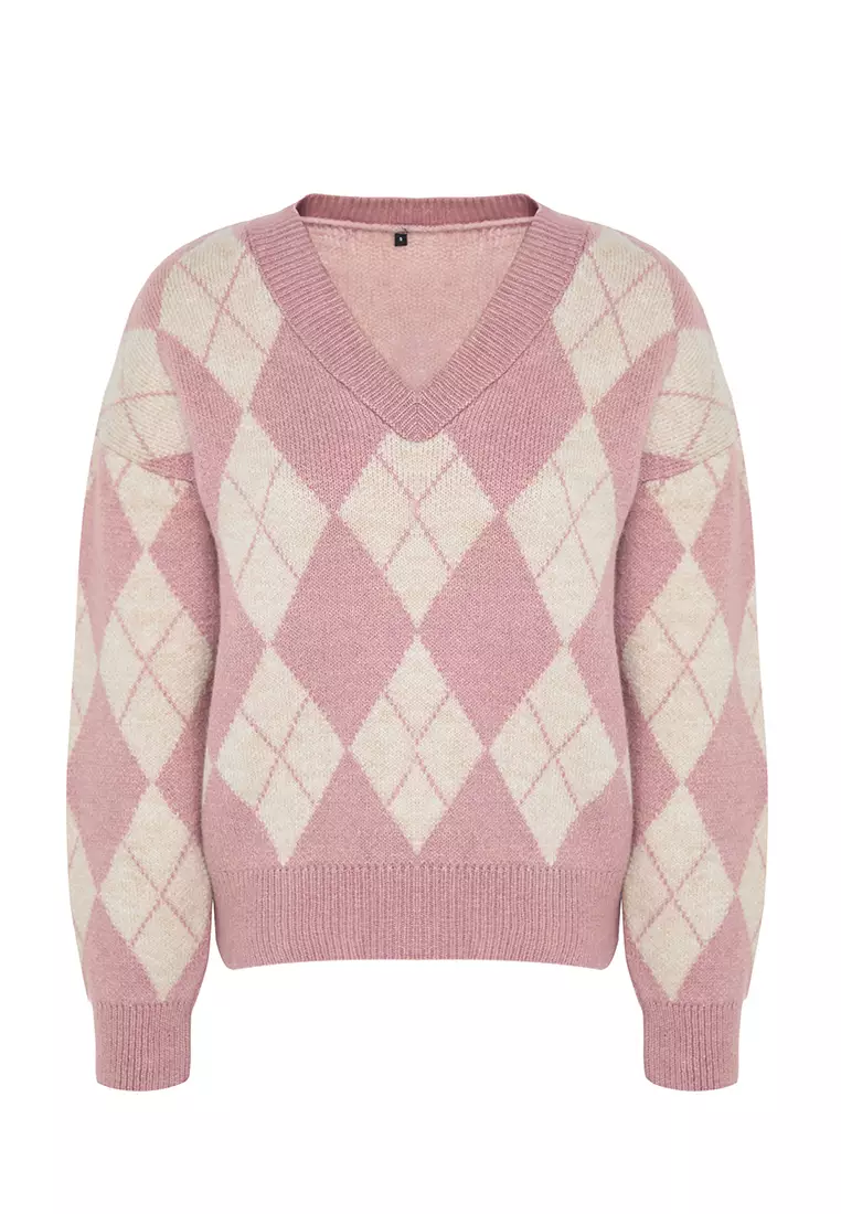Soft Textured Dried Rose Diamond Knitwear Sweater