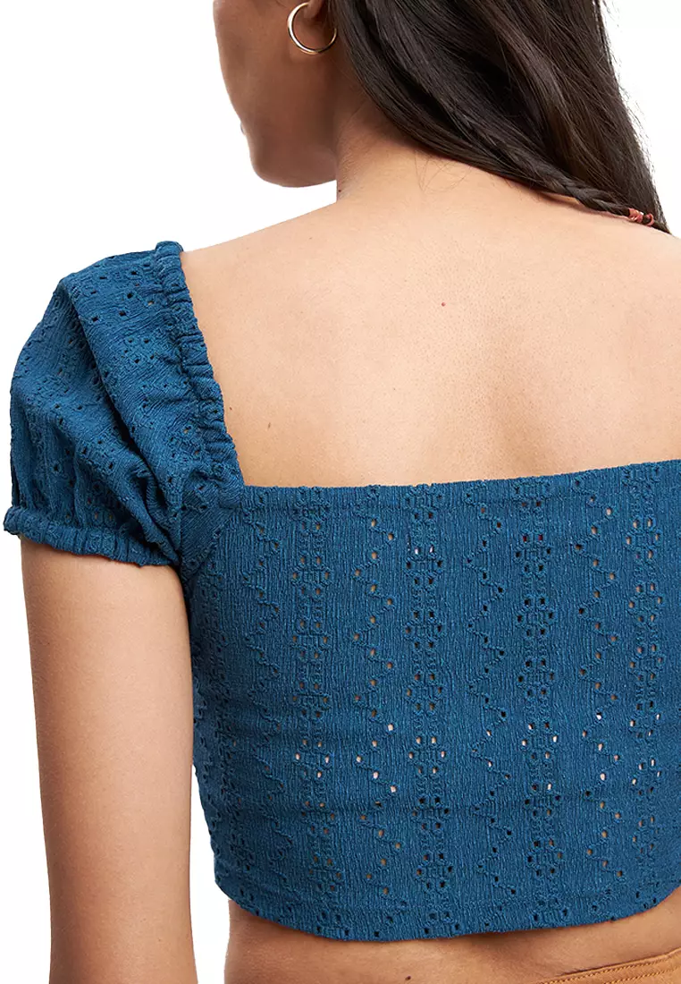 Eyelet Jersey Puff Sleeve Top