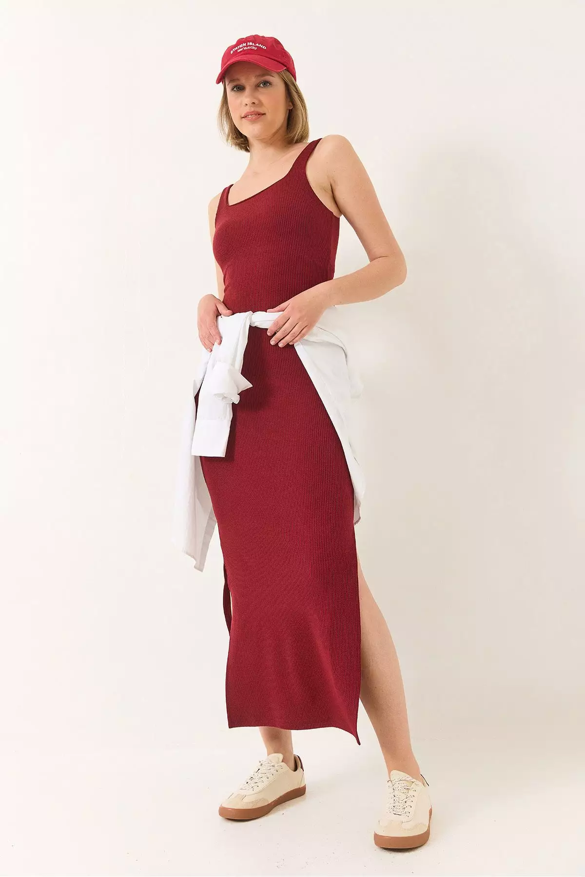 Women's Strappy Square Neck Slit Detailed Ottoman Midi Dress 295 60283176