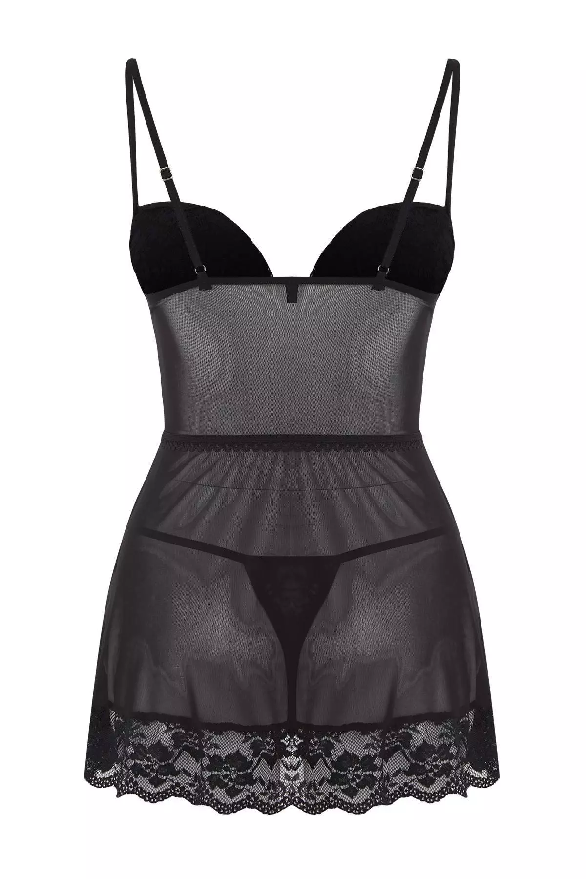 Black Lace And Stripe Detailed Tulle Covered Pantyhose Babydoll/Fantasy Nightgown Thmaw26Cy00002