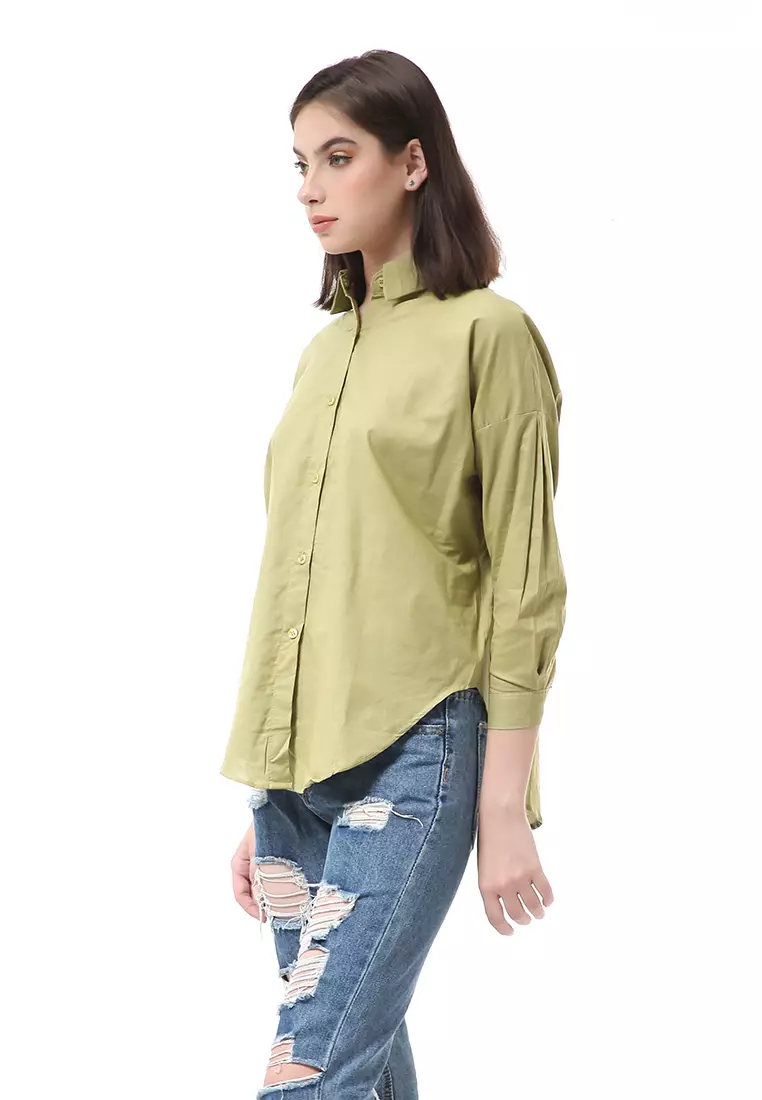 Brielle Atasan Wanita Kemeja Kasual Lengan Panjang Detail Silang Bagian Belakang Material Cotton ORIGINAL - Sage
