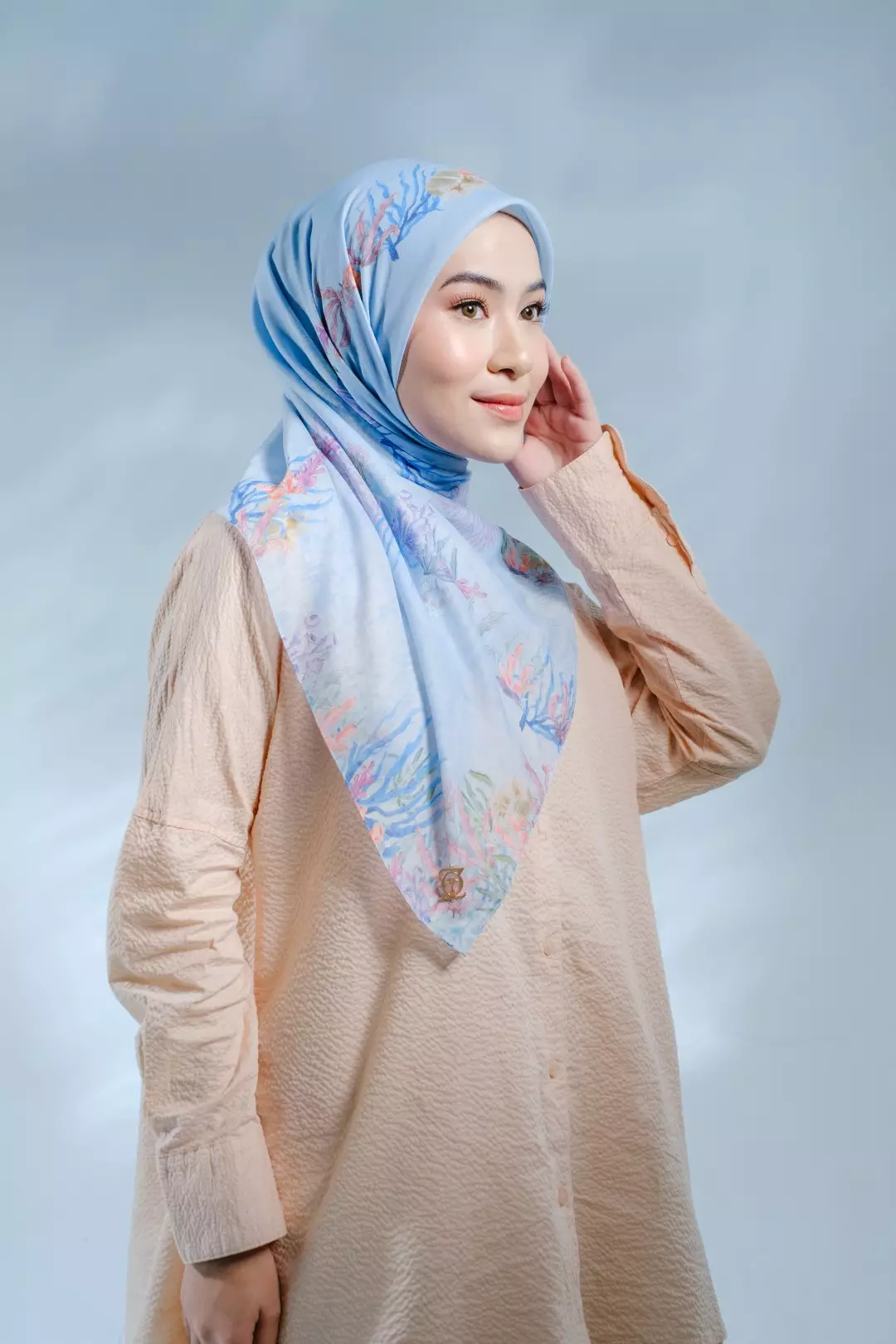 PELAGIA Scarf Powder Blue - Kerudung Hijab Segiempat Motif With BOX - Bahan Nesla - Ukuran 115x115