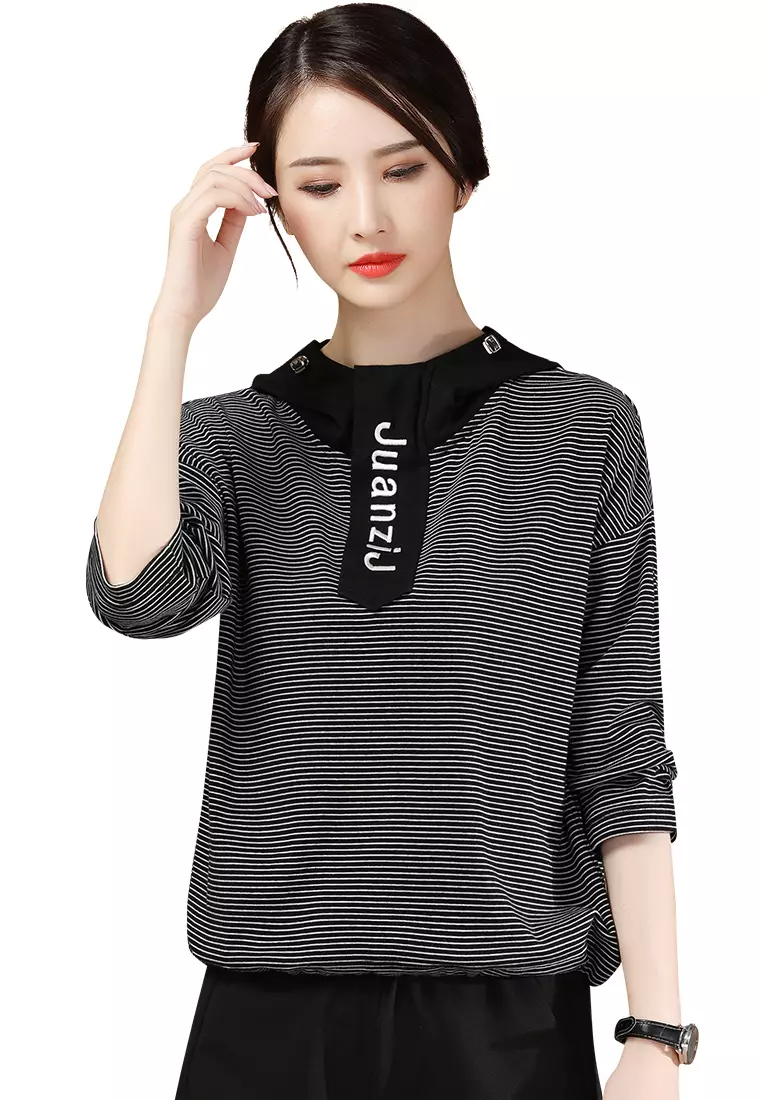 Casual striped hooded clearance sweater