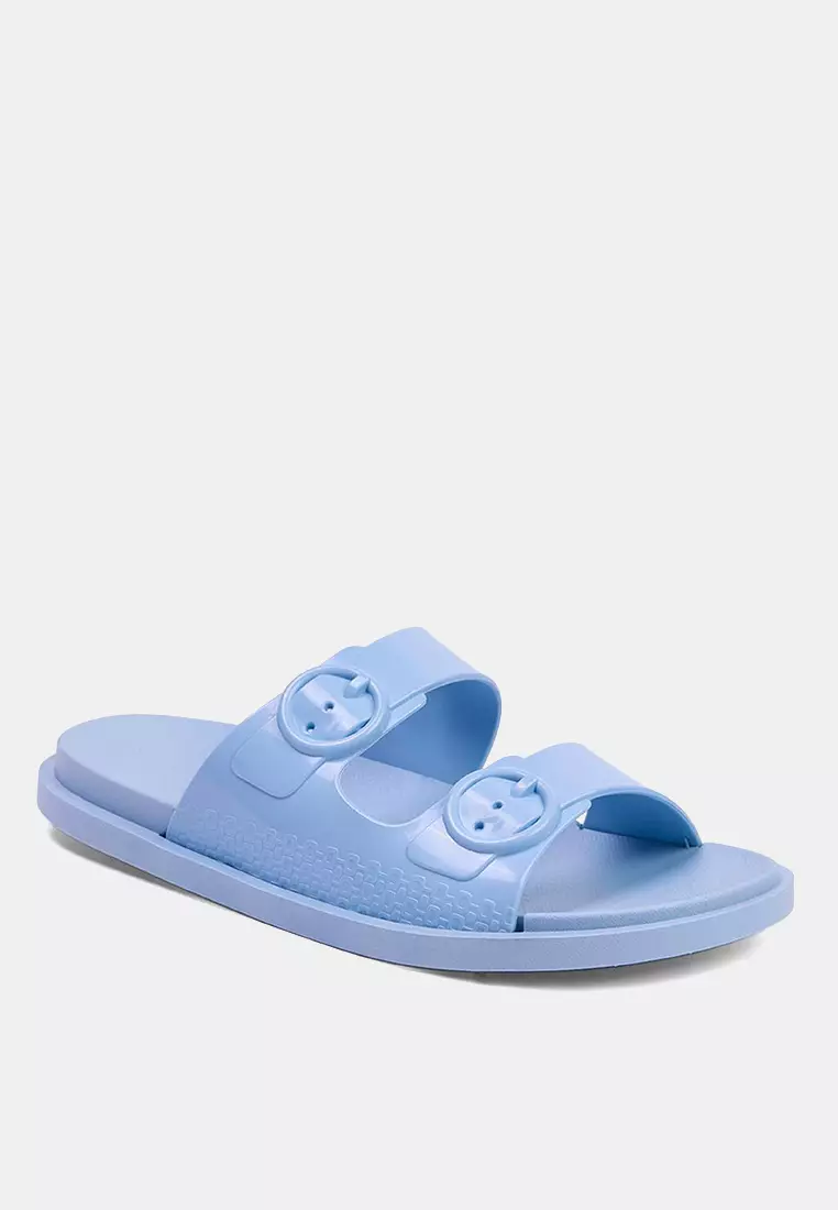 Baby Blue Double Striped Buckle Detailed Women's Slippers Takss25Te00060