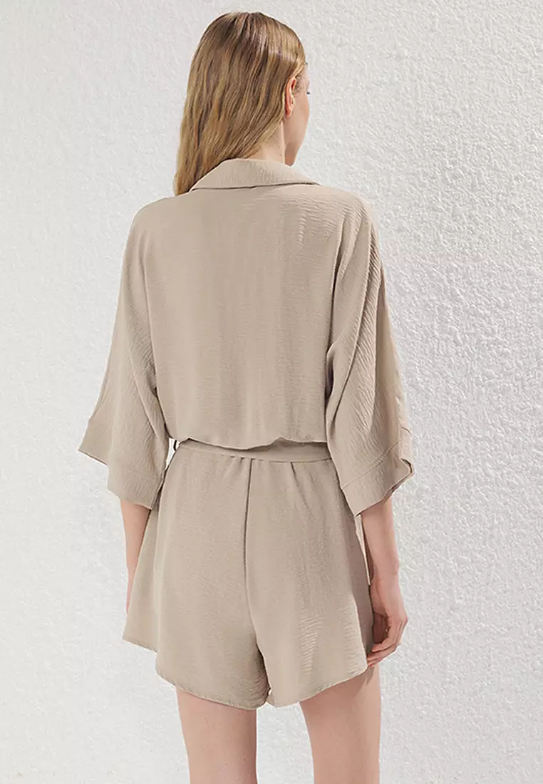 Beige Plain Belted Short Woven Overalls TWOSS25TU00062