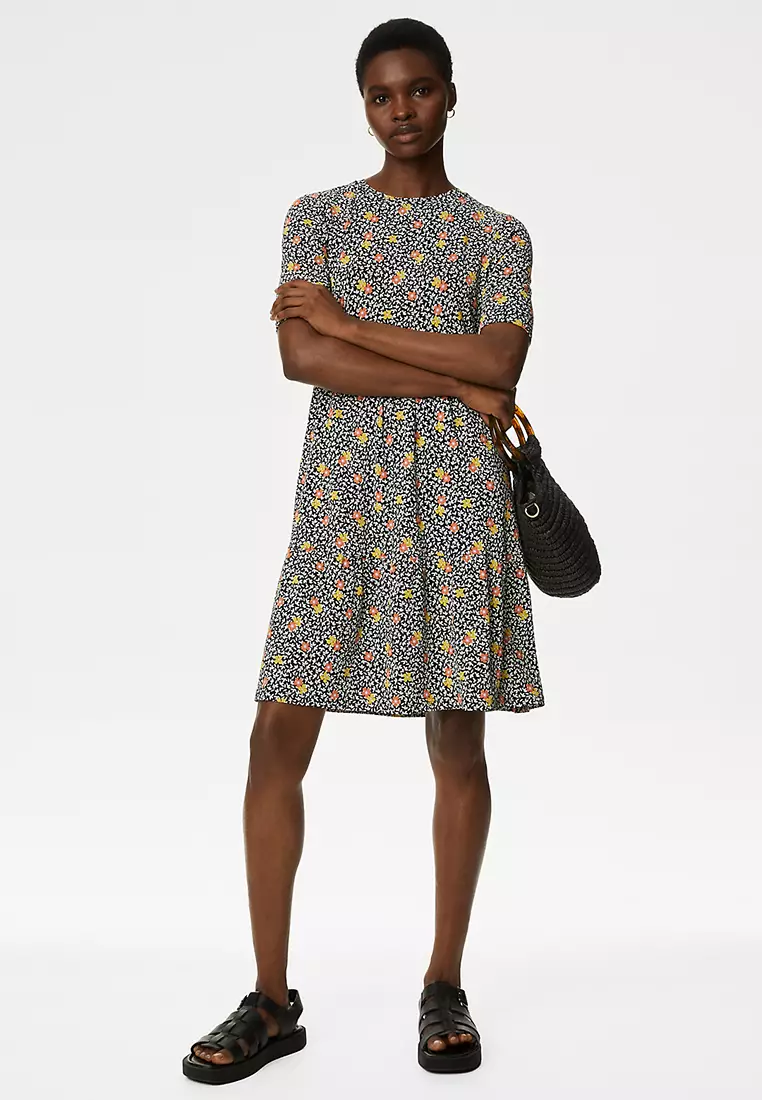 Jersey Printed Knee Length Tiered Dress