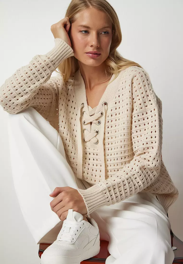 Lace Up Knit Sweater Jual Happiness Istanbul Lace-Up Openwork Knit