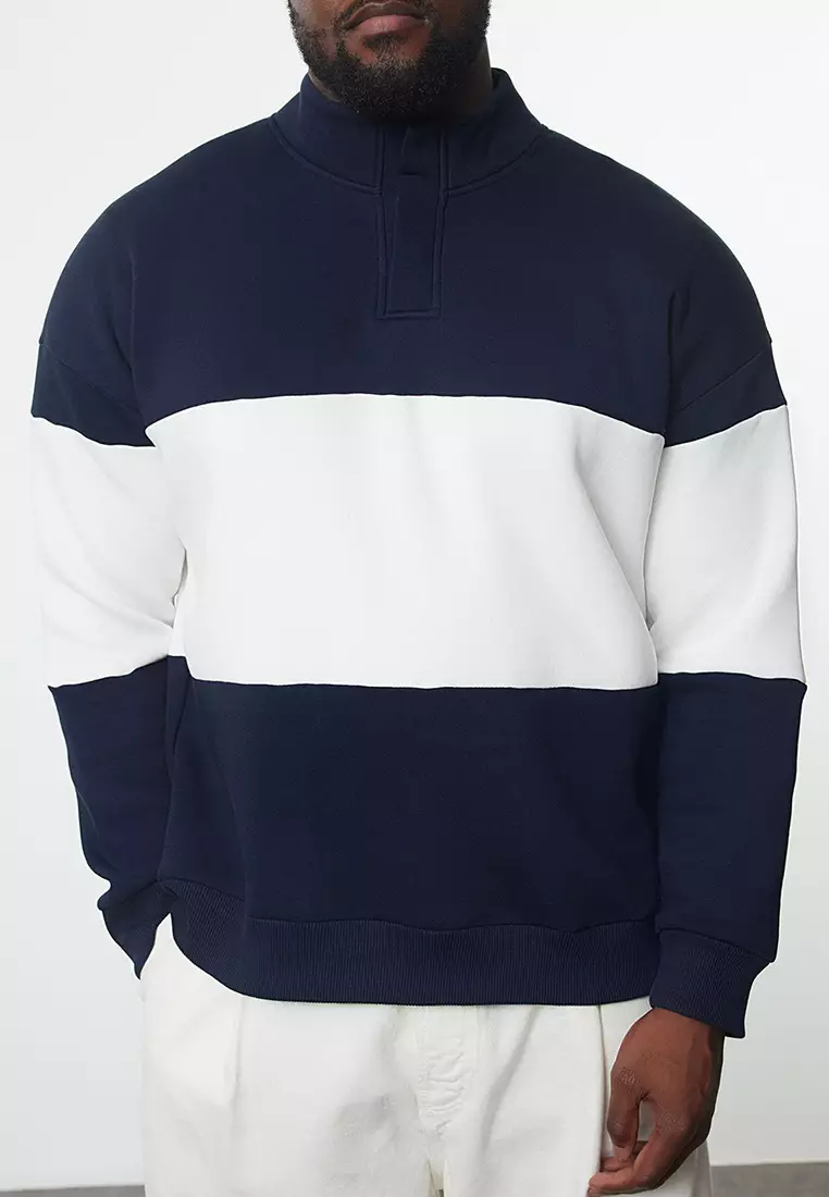 Navy Blue Oversize/Wide Cut Stand Collar Color Block Fleece Inside Plus Size Sweatshirt TMNAW25AO00033