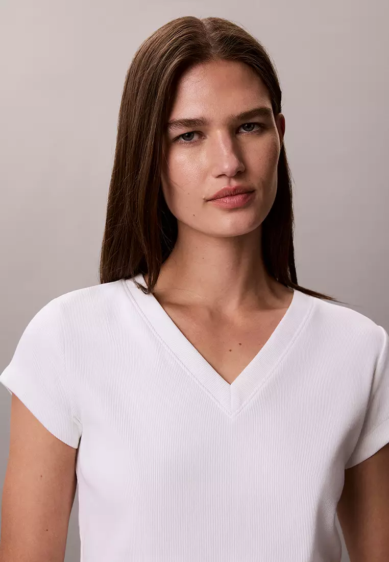 Slim Ribbed Cotton V-Neck T-Shirt - Calvin Klein Jeans