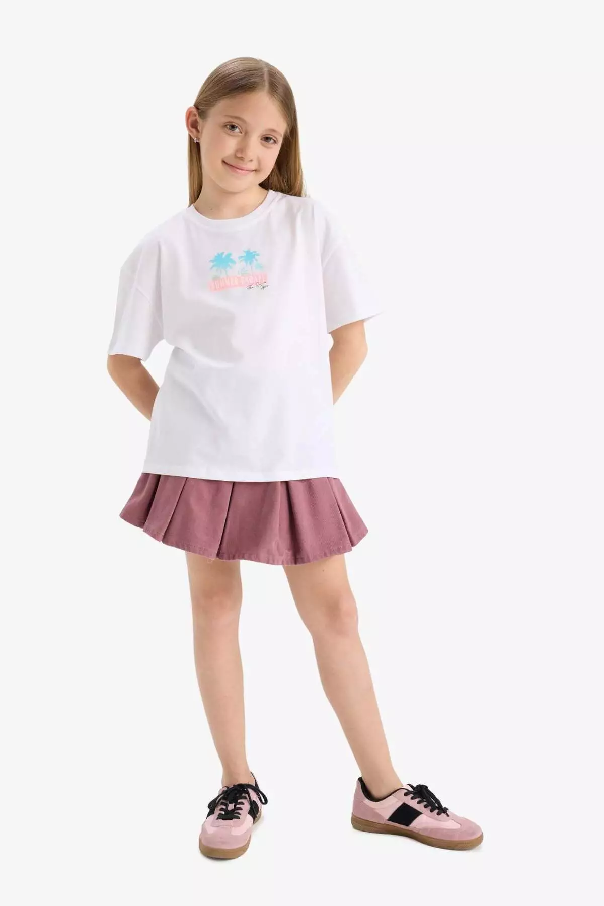 Girls' Oversize Wide Fit Crew Neck Back Printed Short Sleeve T-Shirt E6742A825Hs