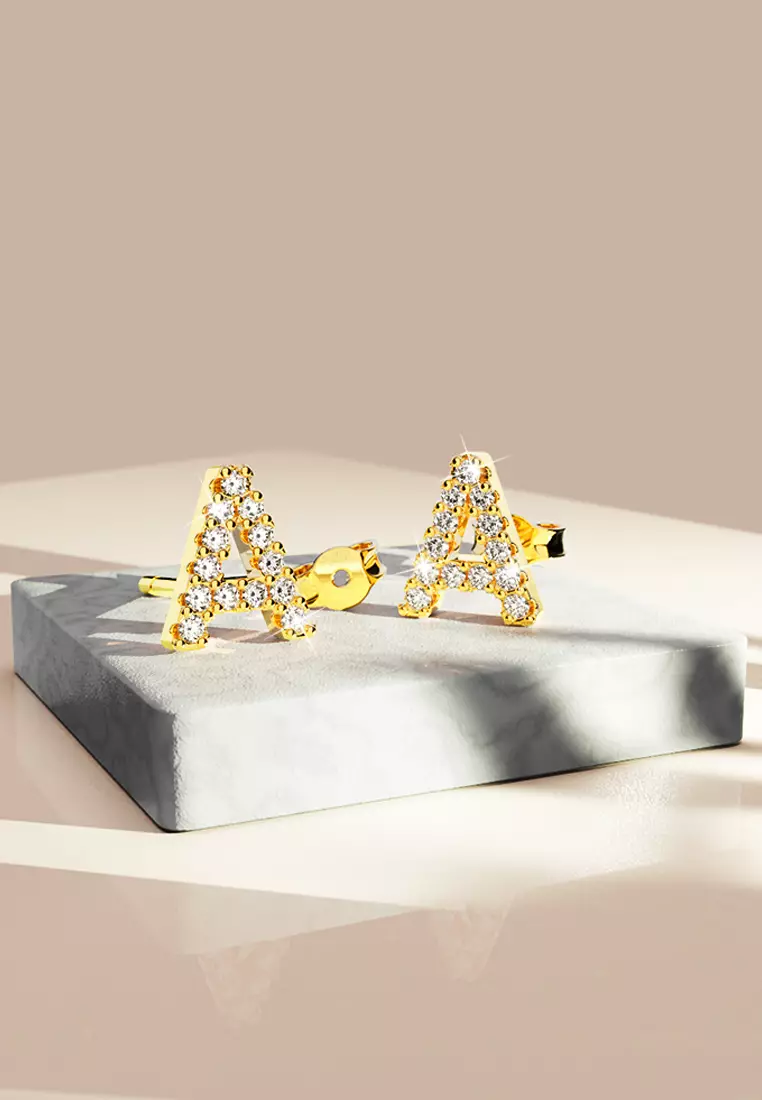 Solid 925 Sterling Silver Glamour Alphabet Letter Earrings Gold - A - Default