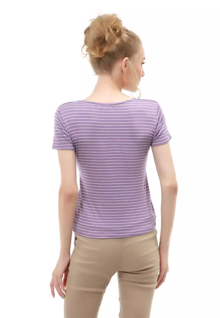 Genevie Blouse Kasual Wanita Lengan Pendek Model Salur Variasi Kerut Tengah Material Cotton ORIGINAL - Purple