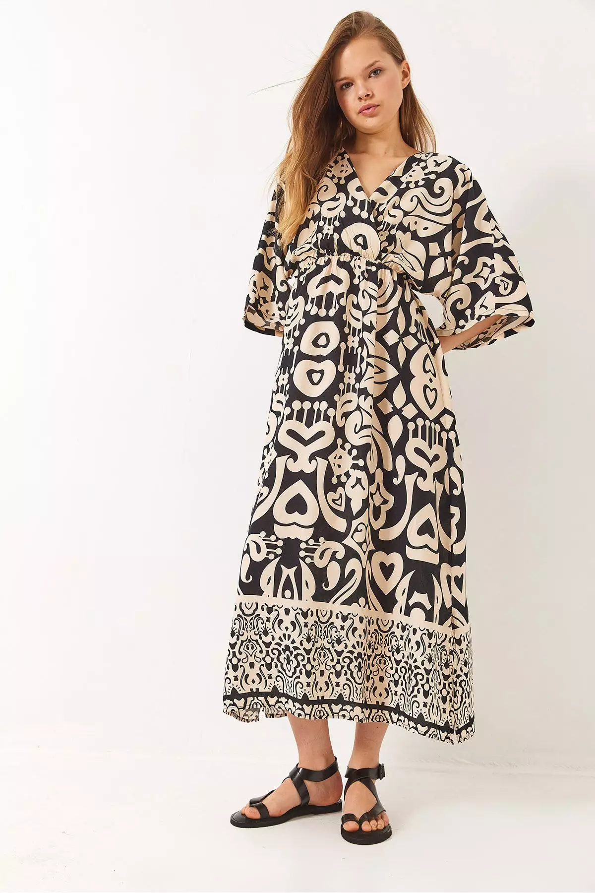 Women's Double Breasted Collar Patterned Slit Detail Woven Viscose Dress 60284018