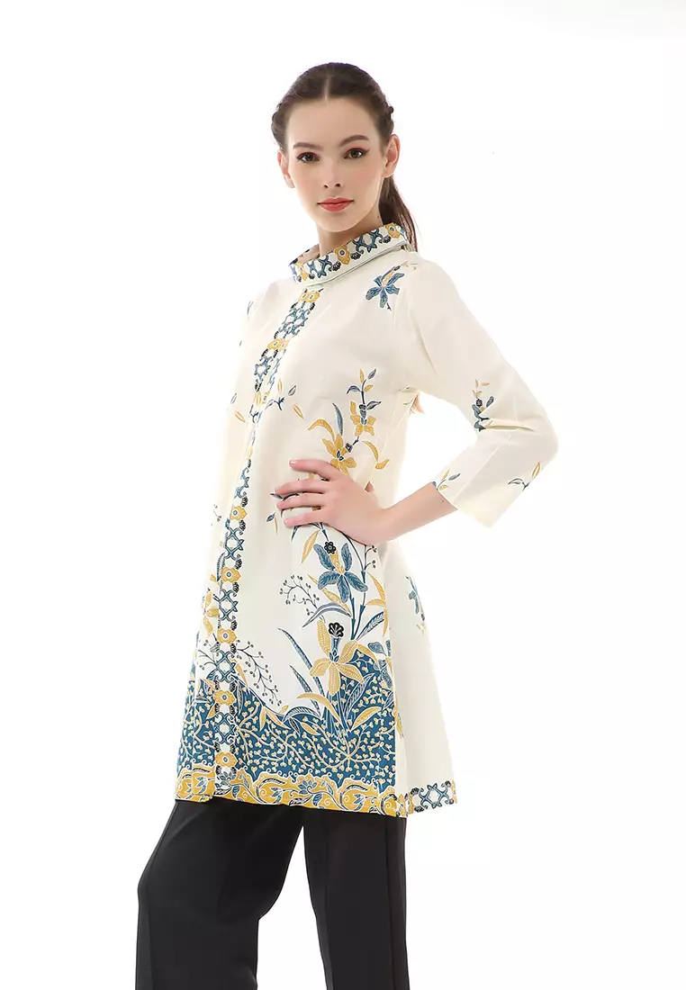 Olaf Atasan Batik Wanita Tunik Traditional Motive Elegant Design Material Cotton ORIGINAL - White Blue Green