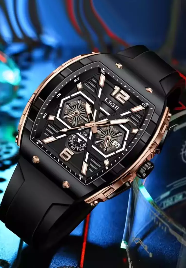 男女通用酒桶形 IP 橡膠錶帶黑色石英手錶