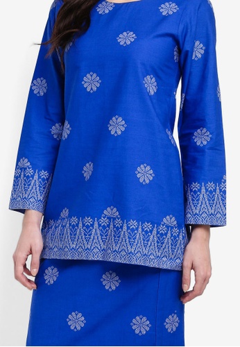 Buy Cotton Modern Kurung With Songket Print (Tabur) from Kasih in Blue and Silver only 199