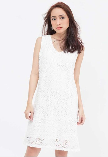 Premium Perforated Sleeveless White Lace Dress
