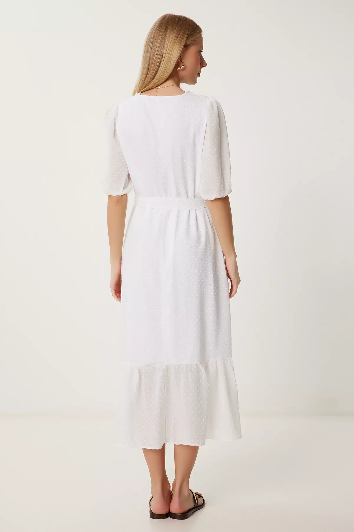 Women's White Polka Dot Textured Midi Woven Dress Nt00439