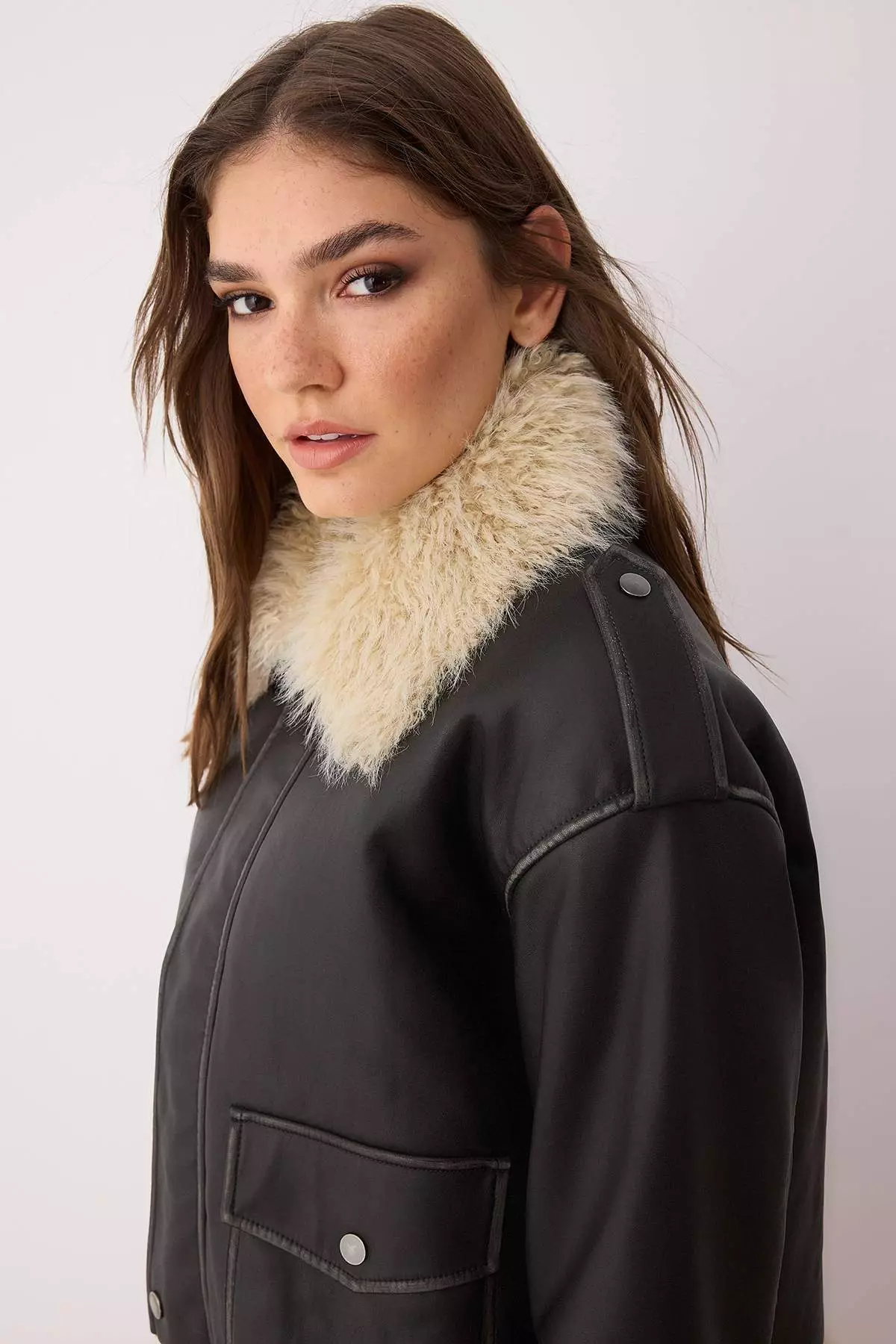 Black Regular Fit Fur Detailed Faux Leather Coat