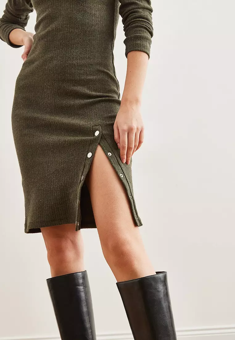 Women's Khaki Button Detailed Slit Raster Stretchy Dress Elb- 19002307