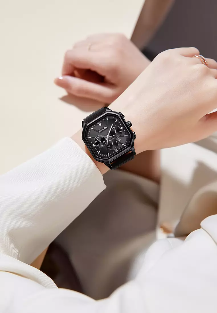 Jam Tangan Wanita Korea Elegan Tanggal Tali Silikon Kuarsa Jam Tangan Cewek Original B004 black