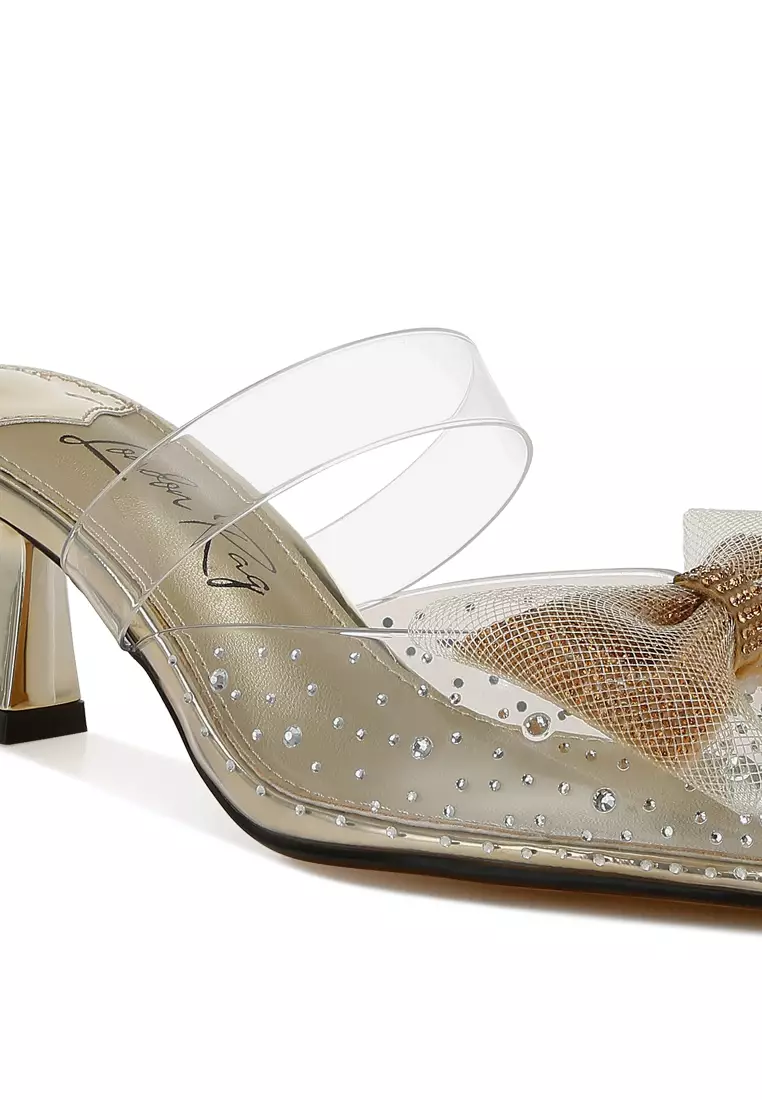 Embellished Bow Kitten Heels in Gold