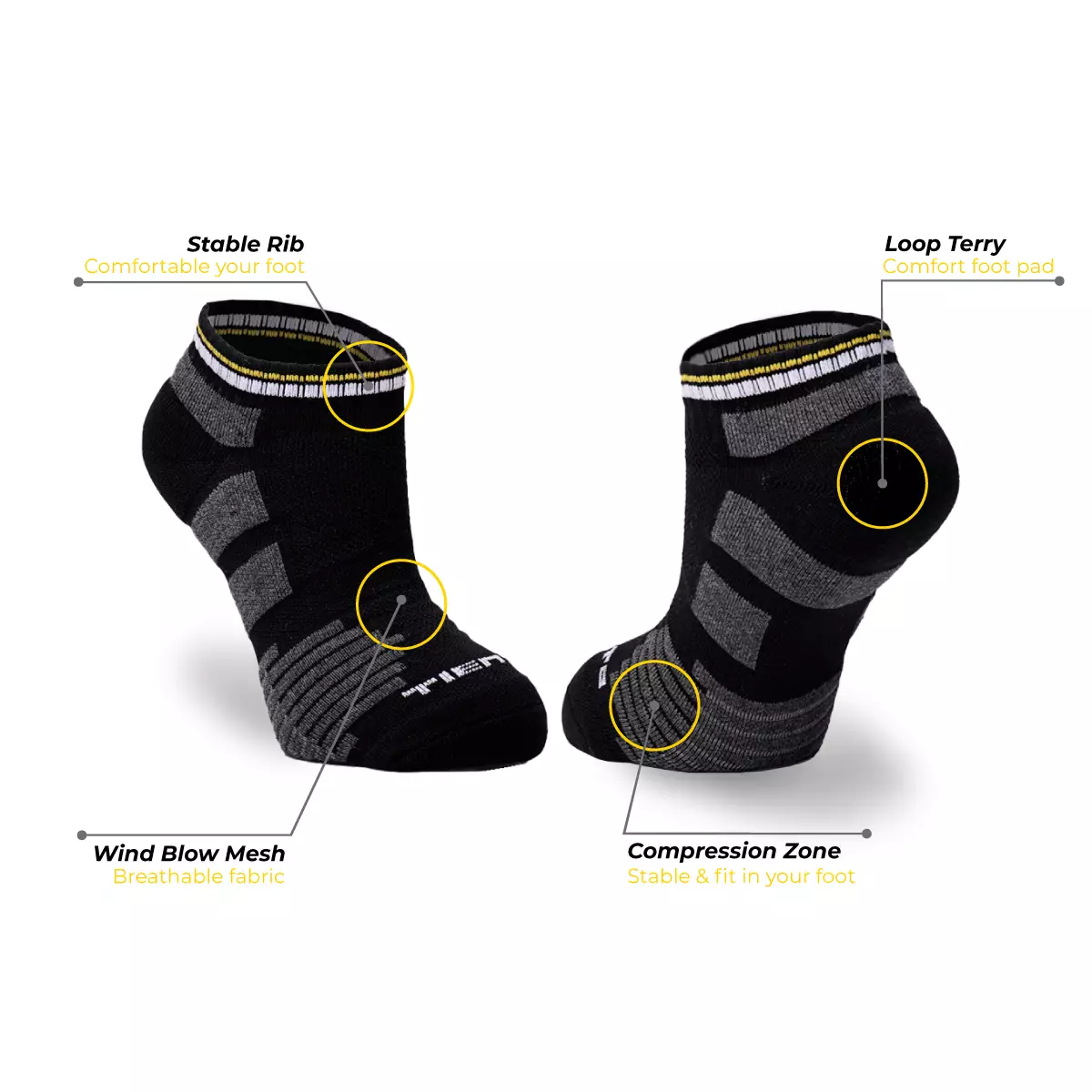 Tiento Compression Socks Short Ankle Black White Yellow Line Kaos Kaki Olahraga Hitam With Anti Bacterial Technology