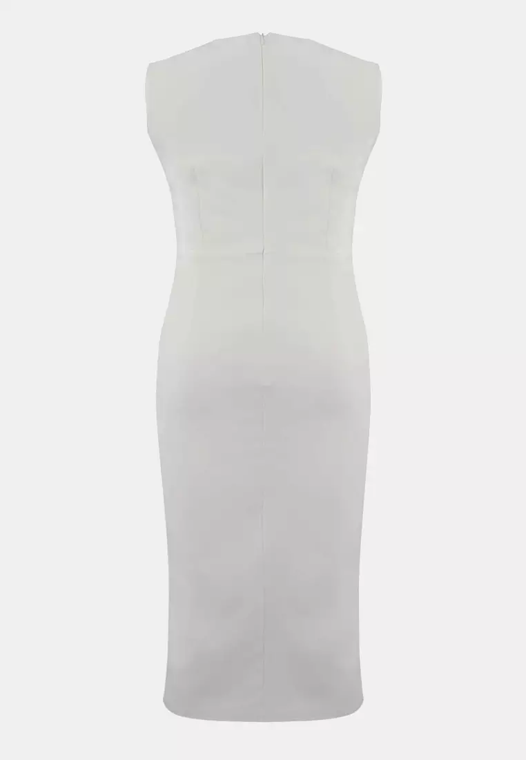 Special Collection White Belted Accessory Detailed Midi Woven Dress Tbbaw26Ah00094