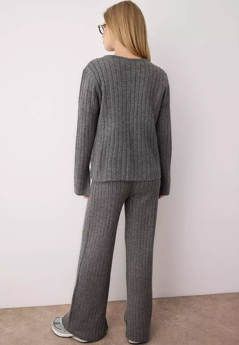 Anthracite Soft Texture Sweater Pants Knitwear Bottom Top Set