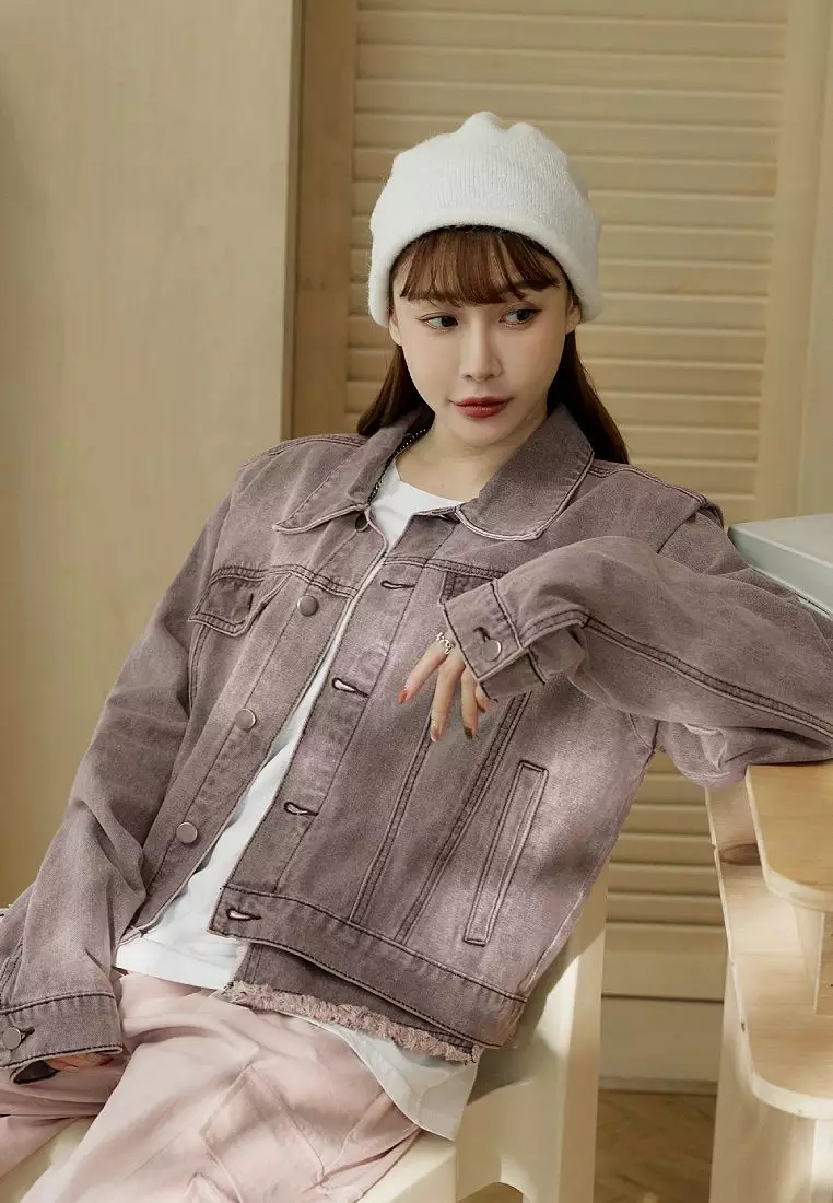 Washed Cropped Denim Jacket with Raw Hem & Drop Shoulder [EA3678]