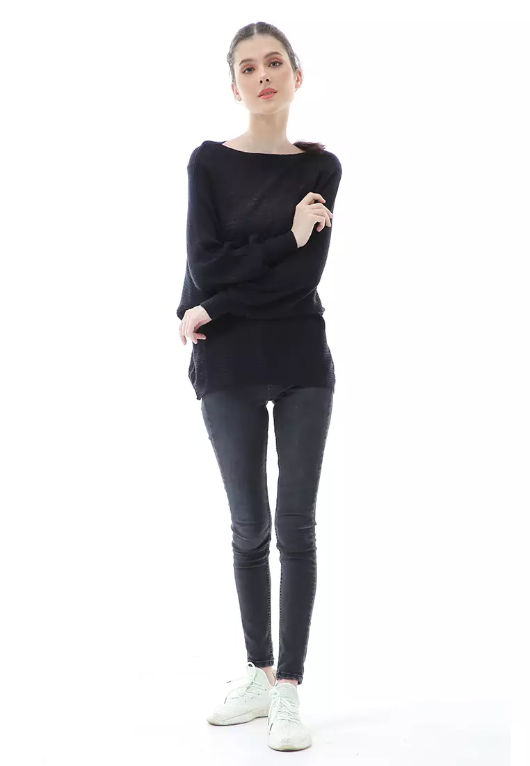 Eveline Sweater Rajut Batwing Atasan Wanita Motif Polos High Quality - Hitam