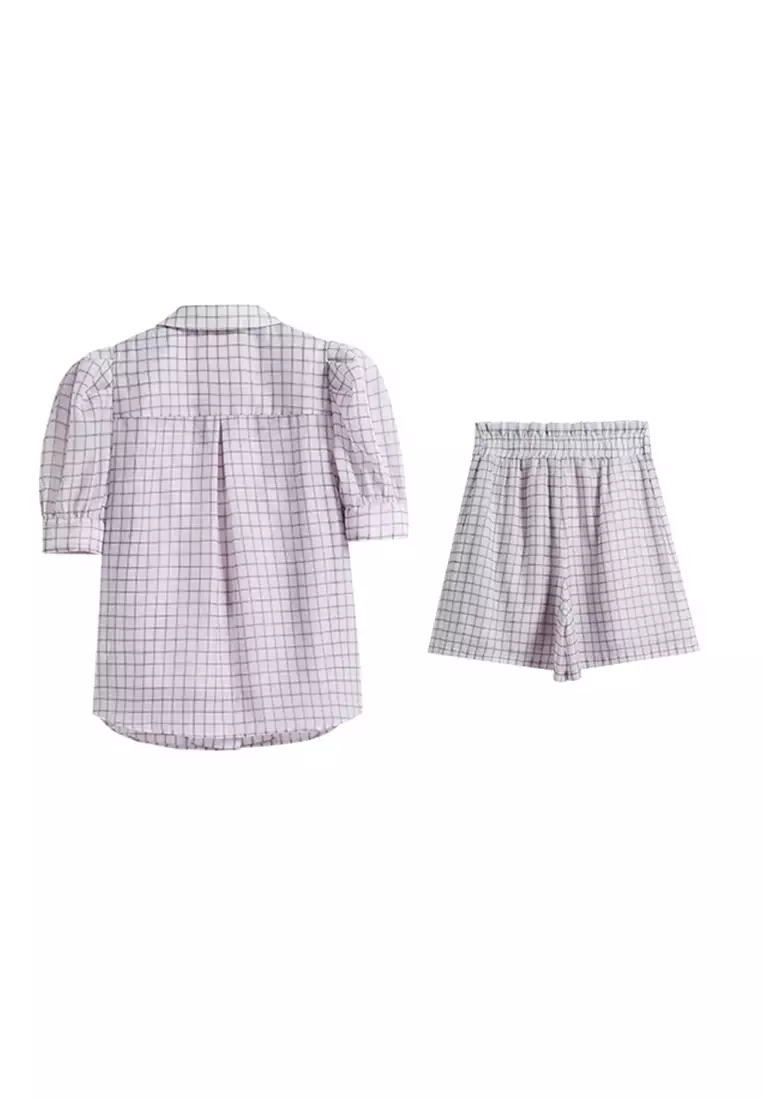 Grid Design Smart Casual Office Blouse and Shorts Set