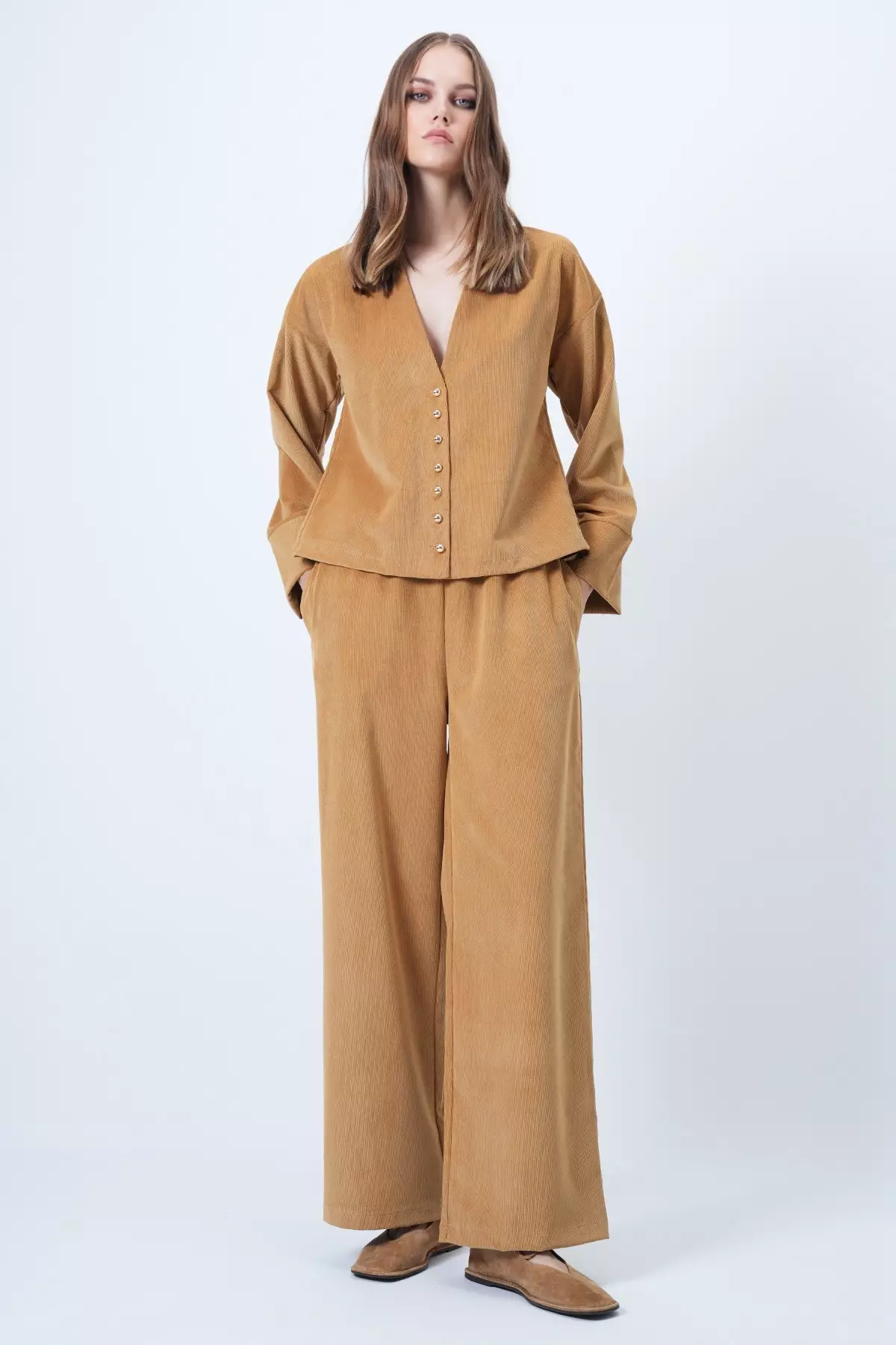 Camel Hakim Collar Gold Button Detailed Velvet Jacket And Palazzo Trousers Two-Piece Set Alc-X14633