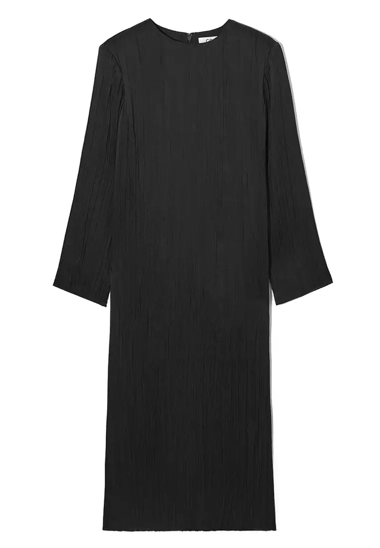 Long-Sleeved Plissé Midi Dress