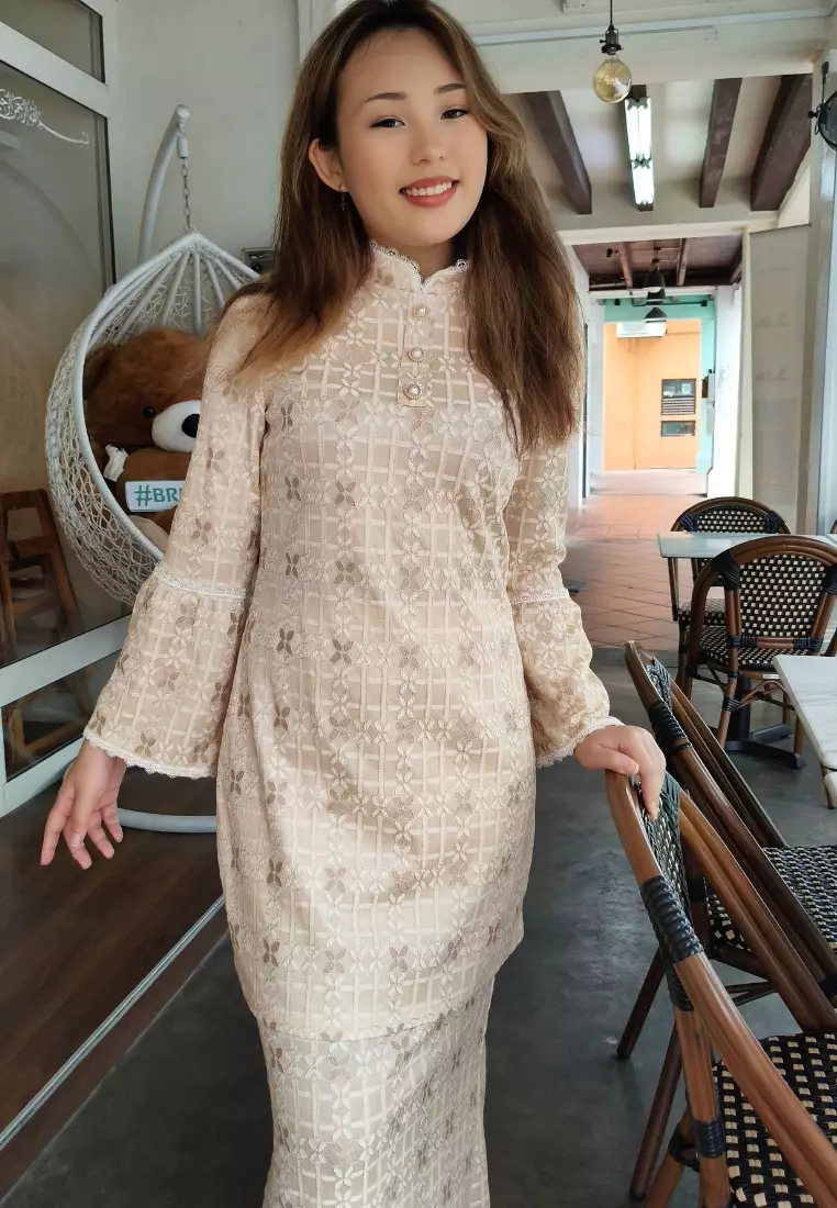 High Neck Beige Checkered Lace Modern Baju Kurung Hari Raya