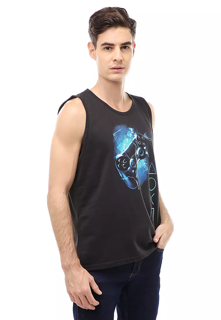 Agies Pakaian Dalam Pria Tank Top Singlet Stick Playstation Motive Material Cotton ORIGINAL - Black