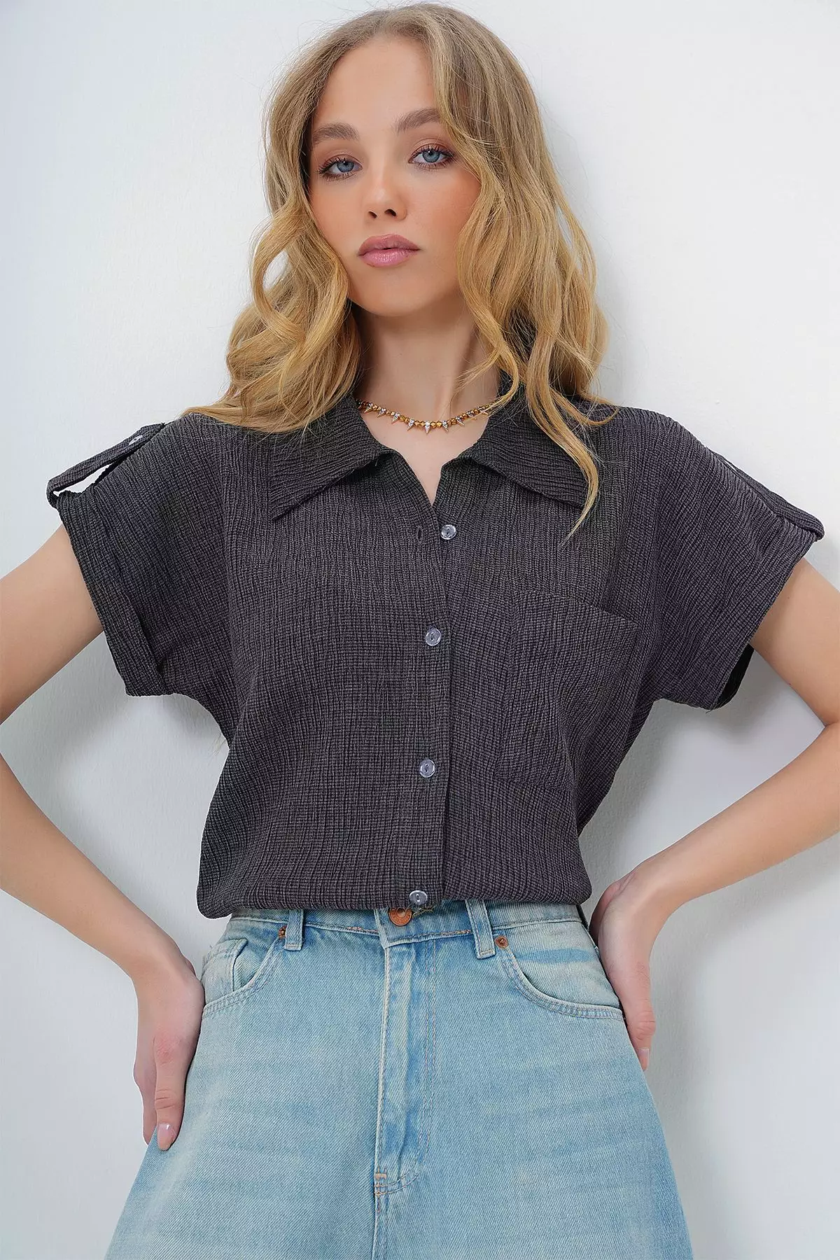 Women's Anthracite Cuffed Double Short Sleeve Textured Shirt