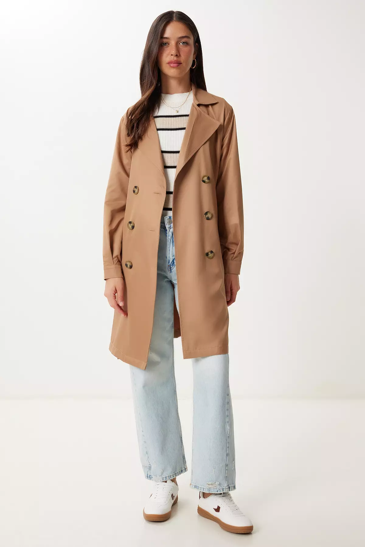 Buy Happiness Istanbul Women's Camel Double Breasted Collar Belted