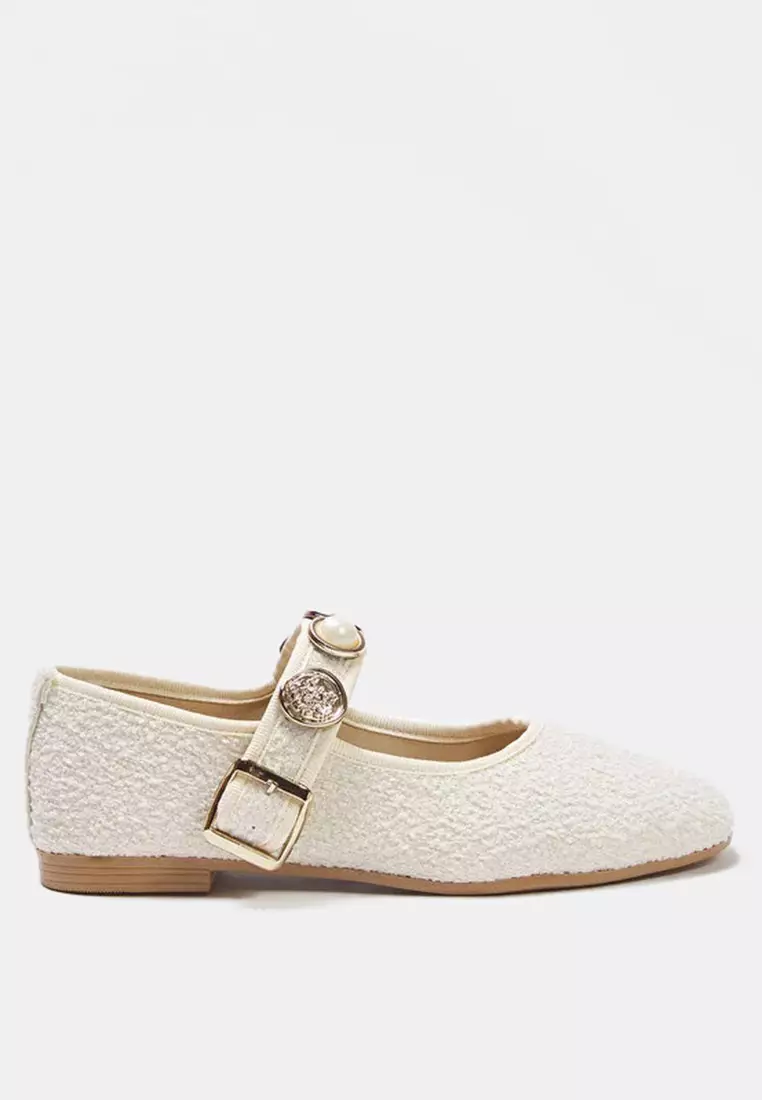Beige Buckle Accessory Detailed Round Toe Tweed Mary Jane Women's Flat Shoes Takss25Be00011