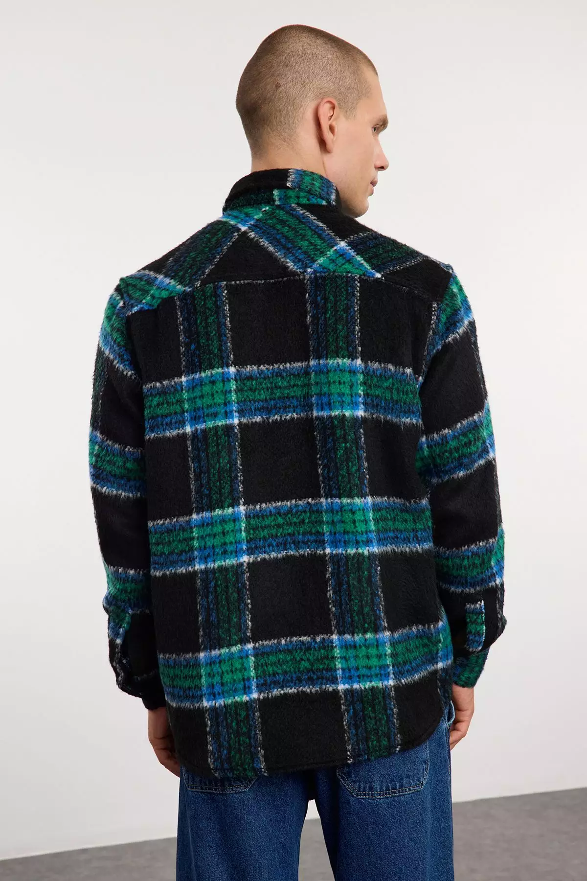 Black Unisex Oversize Fit Winter Plaid Lumberjack Shirt Jacket TMNAW25GO00024